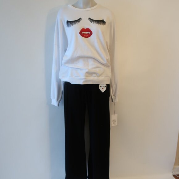 NWT Lauren Moshi Black White 2Pc Set Graphic Top Olympia Theod Bottom Pajamas S - Picture 1 of 13